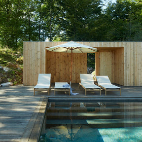 Pelagus Teak Sunbeds and Atlantis Umbrella by Pool Danish Summer House