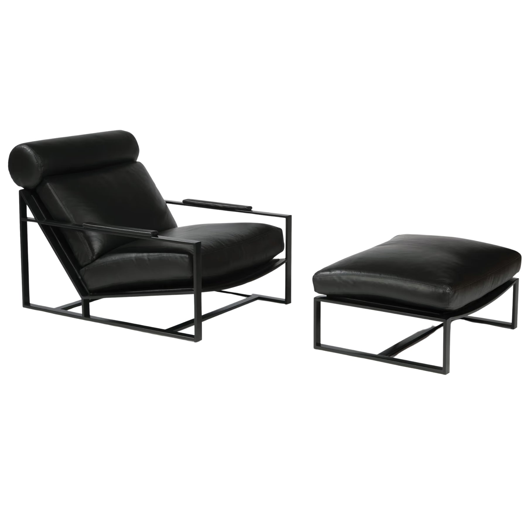 Thayer Coggin Milo Baughman Cruisin Lounge Chair and Ottoman with Black Leather and Black Powdercoated Metal Frame
