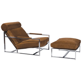 Thayer Coggin Milo Baughman Cruisin Lounge Chair and Ottoman with Brown Suede and Polished Stainless Steel Frame