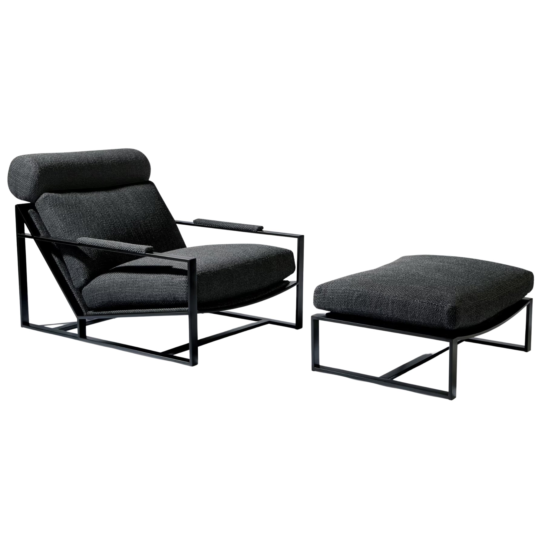 Thayer Coggin Milo Baughman Cruisin Lounge Chair and Ottoman with Charcoal Grey Fabric Black Powdercoated Steel Frame
