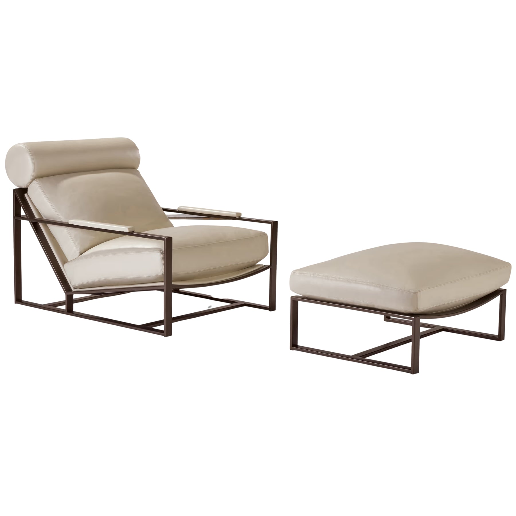 Thayer Coggin Milo Baughman Cruisin Lounge Chair and Ottoman with Ivory Leather and Bronze Metal Frame