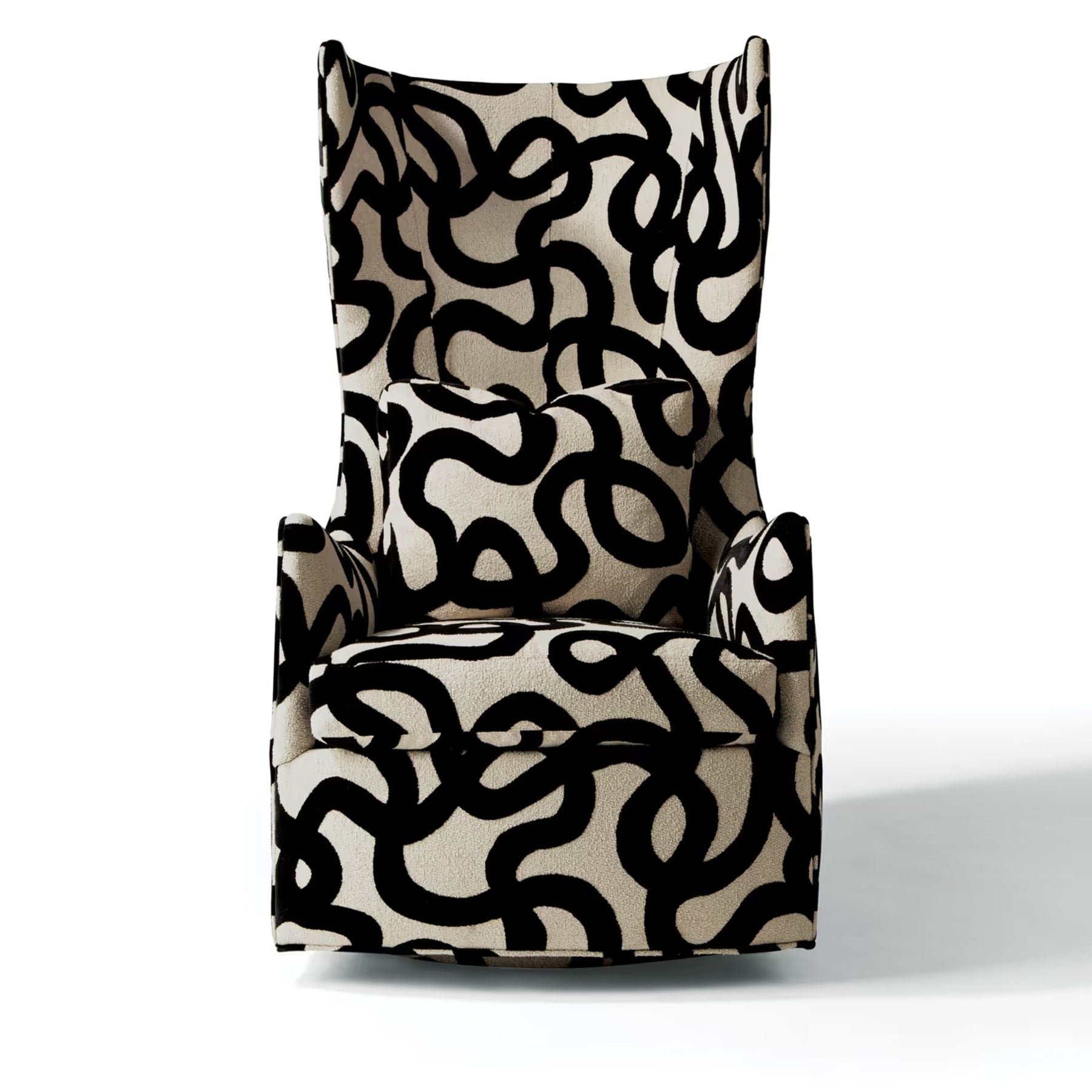 Thayer Coggin Milo Baughman Feeling Groovy Swivel Chair Front in Black and White Patterned Fabric