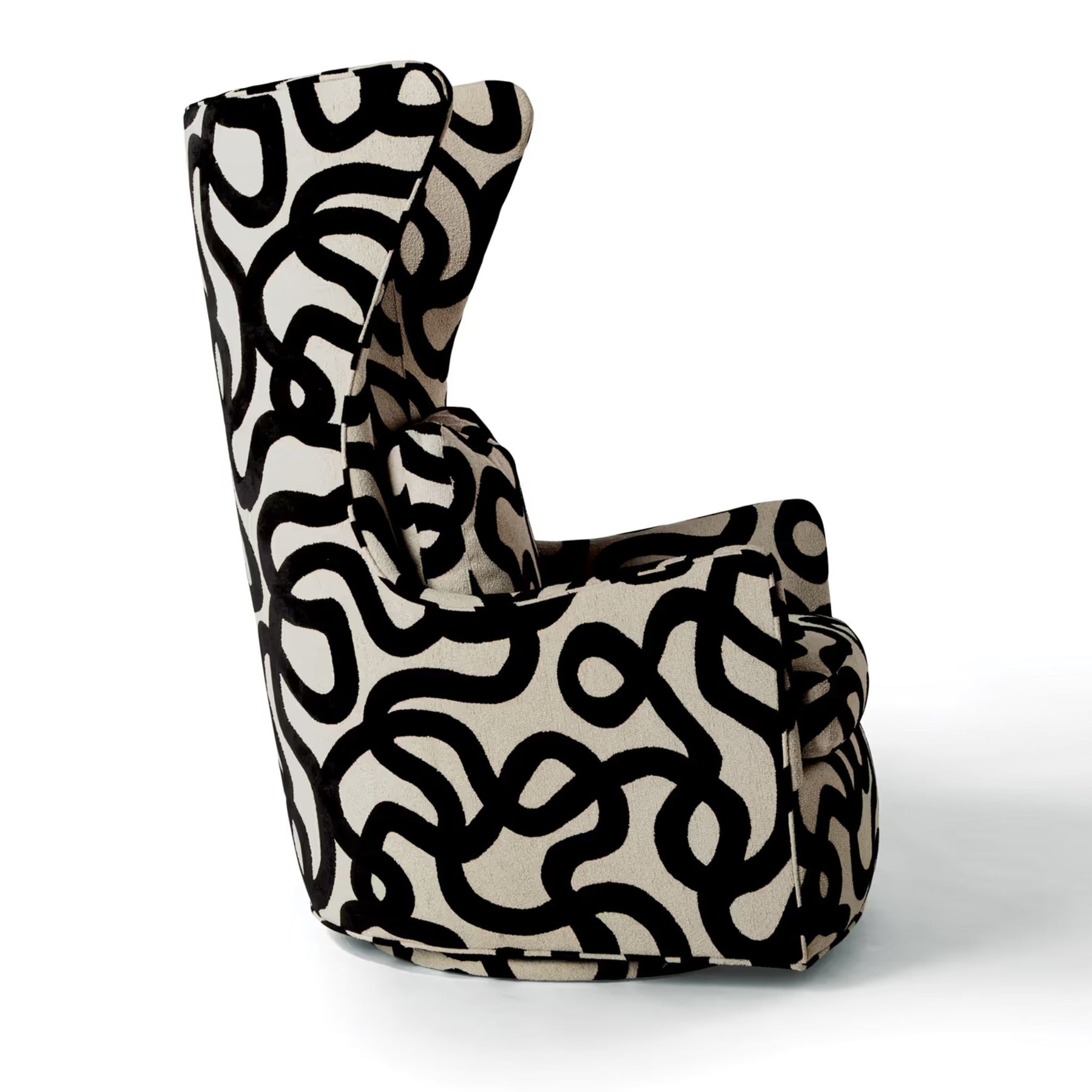 Thayer Coggin Milo Baughman Feeling Groovy Swivel Chair Side in Black and White Patterned Fabric