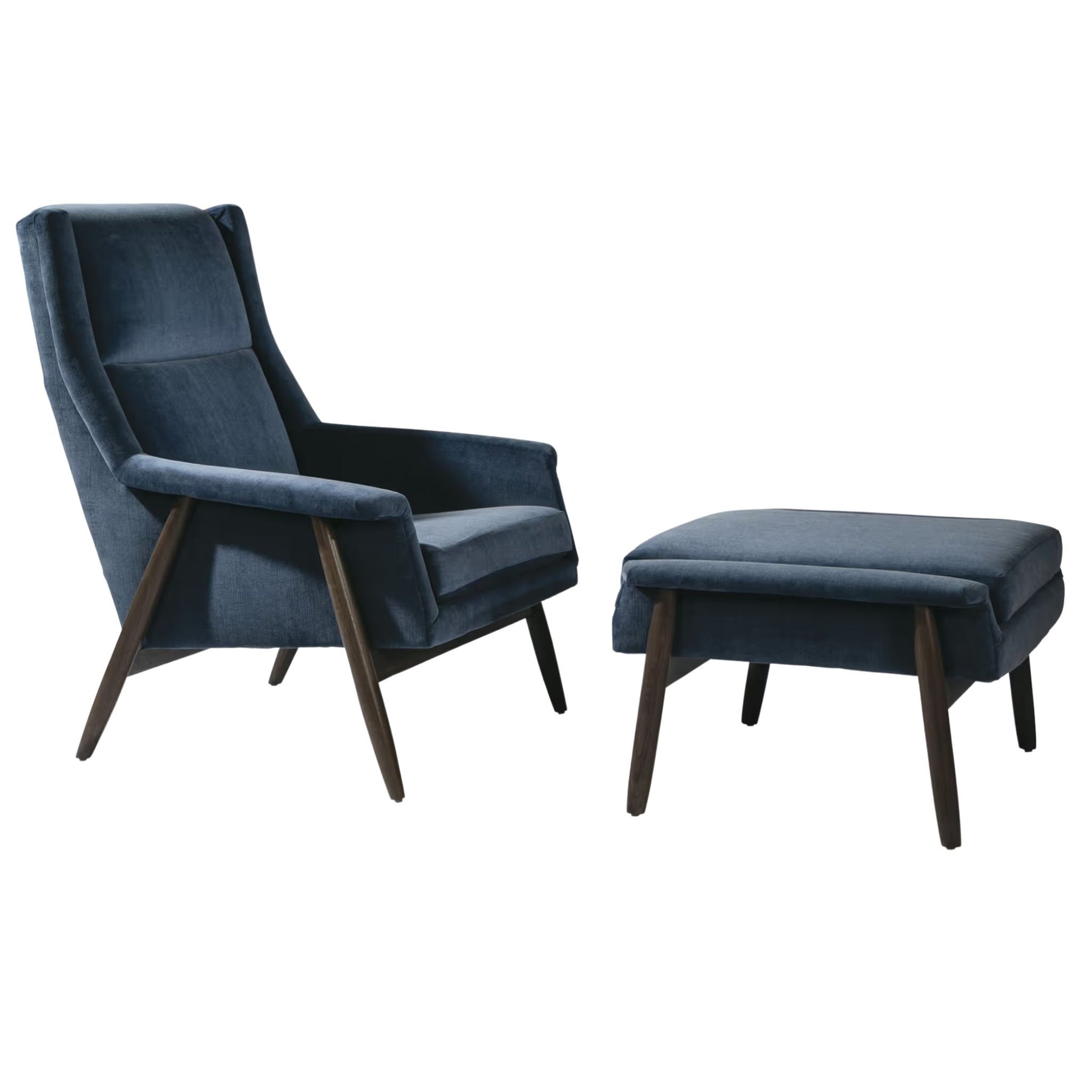 Thayer Coggin Milo Baughman Laid Back Armchair Blue Velvet with Grey Walnut Frame