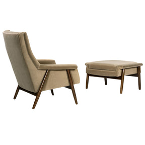 Thayer Coggin Milo Baughman Laid Back Armchair and Ottoman in Mushroom Velvet with Walnut Frame Back