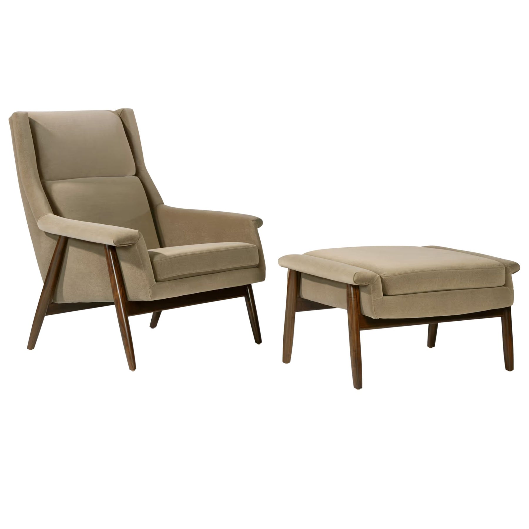 Thayer Coggin Milo Baughman Laid Back Armchair and Ottoman Mushroom Velvet with Walnut Frame