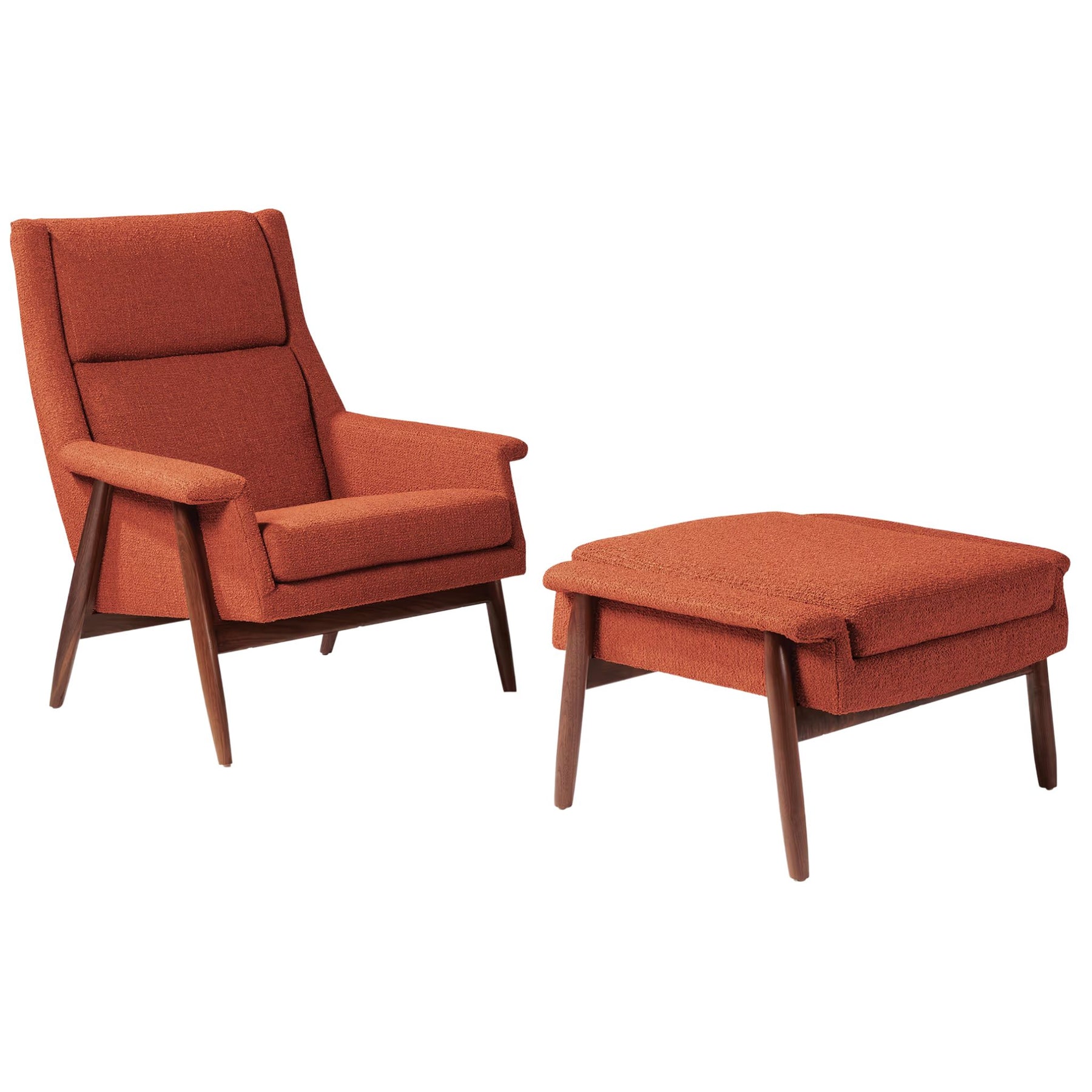 Thayer Coggin Milo Baughman Laid Back Armchair and Ottoman Terracotta with Walnut Frame