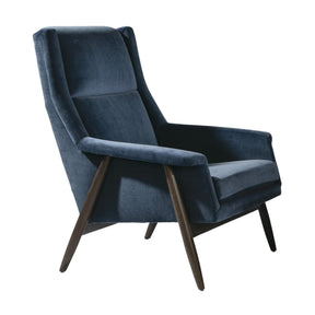 Thayer Coggin Milo Baughman Laid Back Armchair in Blue Velvet with Grey Walnut Frame