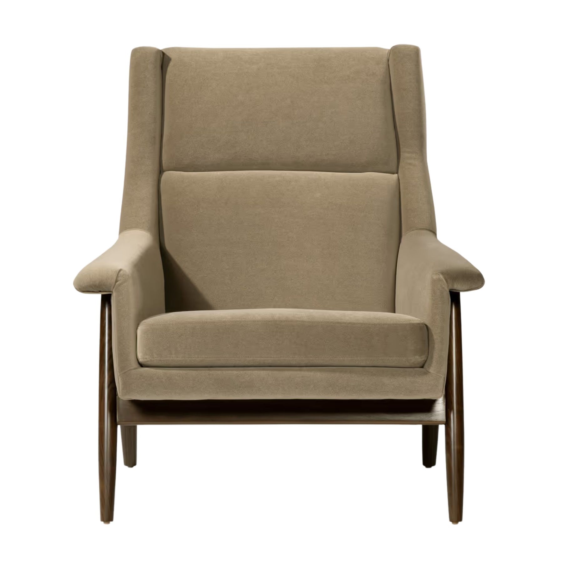 Thayer Coggin Milo Baughman Laid Back Armchair Mushroom Velvet with Walnut Frame Front