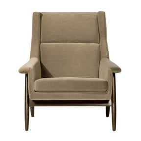 Thayer Coggin Milo Baughman Laid Back Armchair Mushroom Velvet with Walnut Frame Front