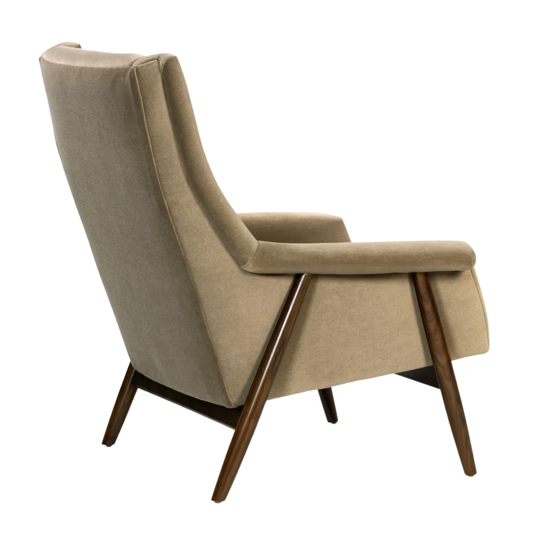 Thayer Coggin Milo Baughman Laid Back Armchair Mushroom Velvet with Walnut Frame Back