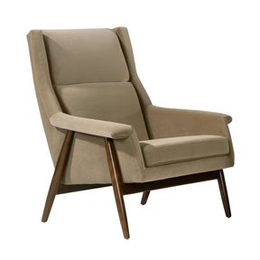 Thayer Coggin Milo Baughman Laid Back Armchair in Mushroom Velvet with Walnut Frame