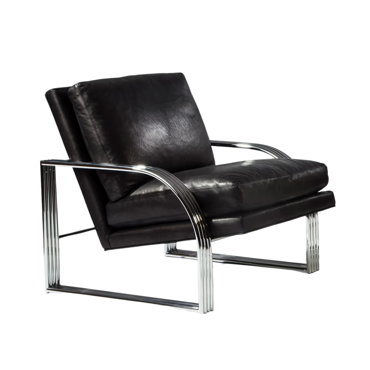 Thayer Coggin Milo Baughman Reynolds Lounge Chair Polished Stainless Steel Frame with Black Leather