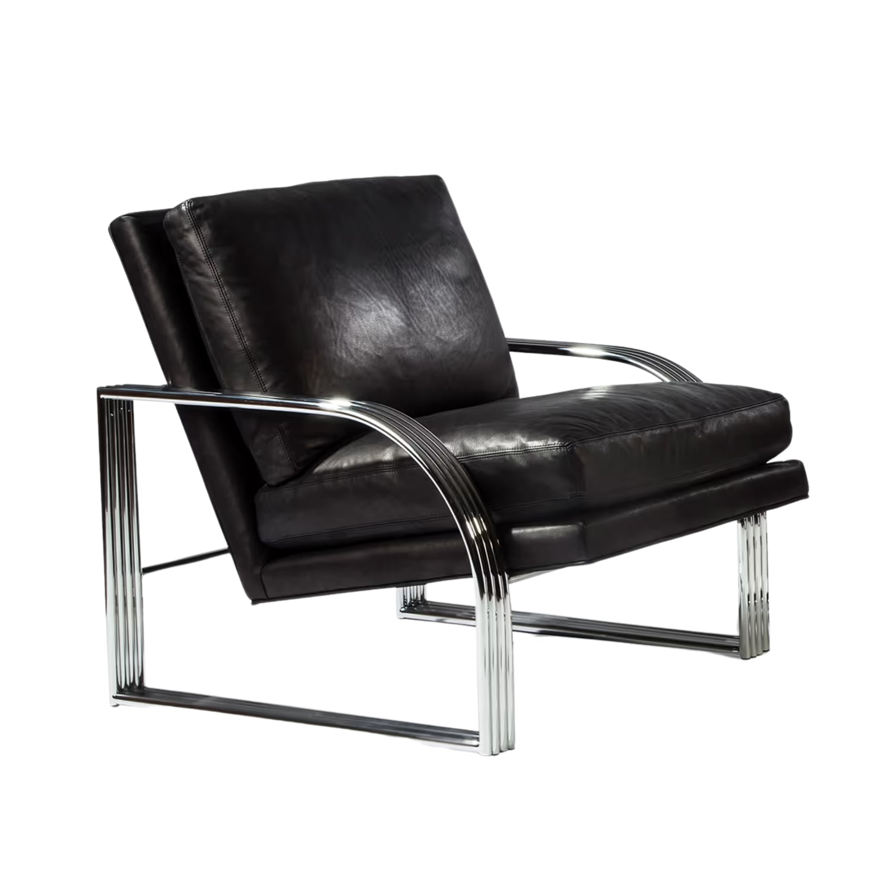Thayer Coggin Milo Baughman Reynolds Lounge Chair Polished Stainless Steel Frame with Black Leather