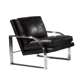 Thayer Coggin Milo Baughman Reynolds Lounge Chair Polished Stainless Steel Frame with Black Leather
