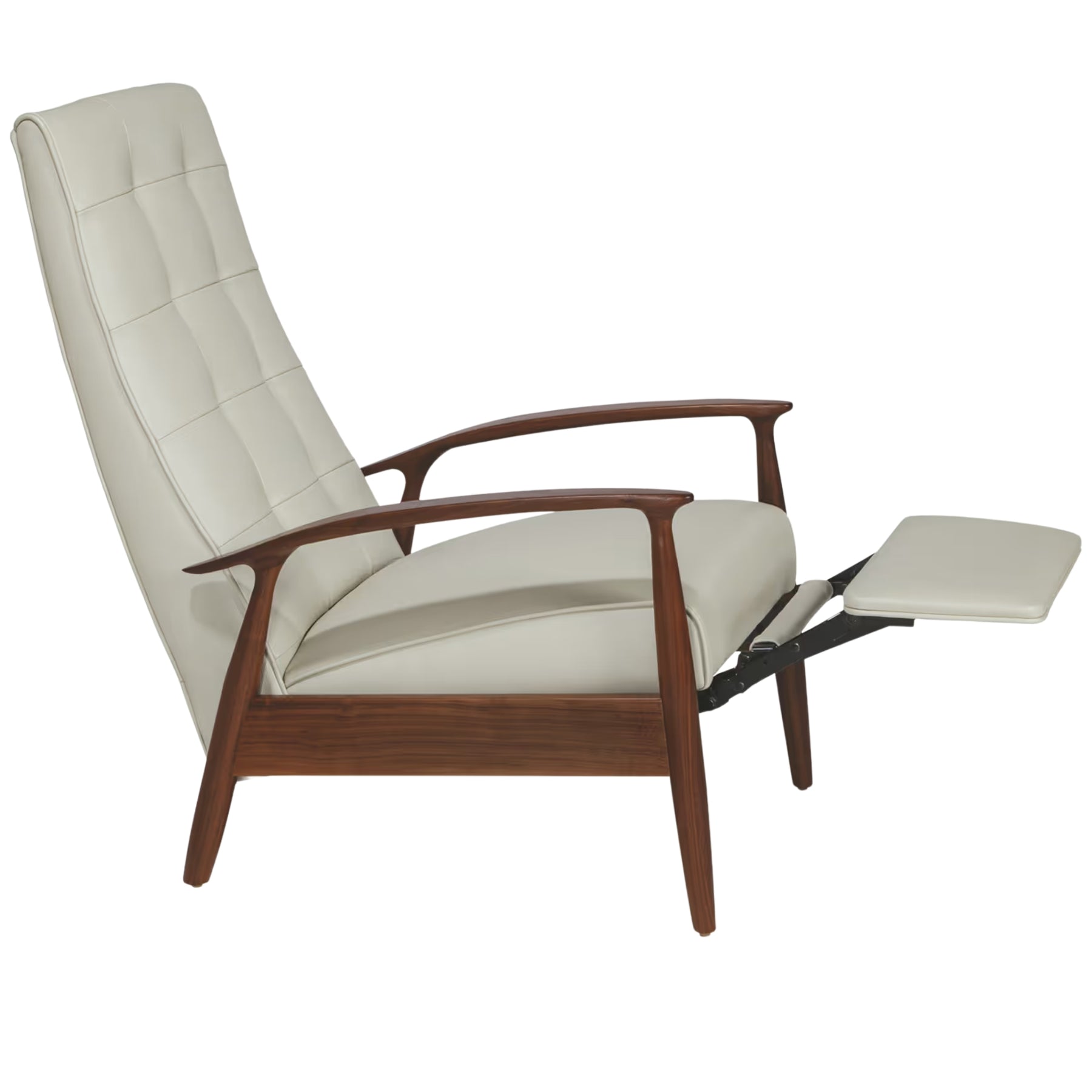 Thayer Coggin Milo Baughman Tighten Up Recliner White Leather with Walnut Frame Open