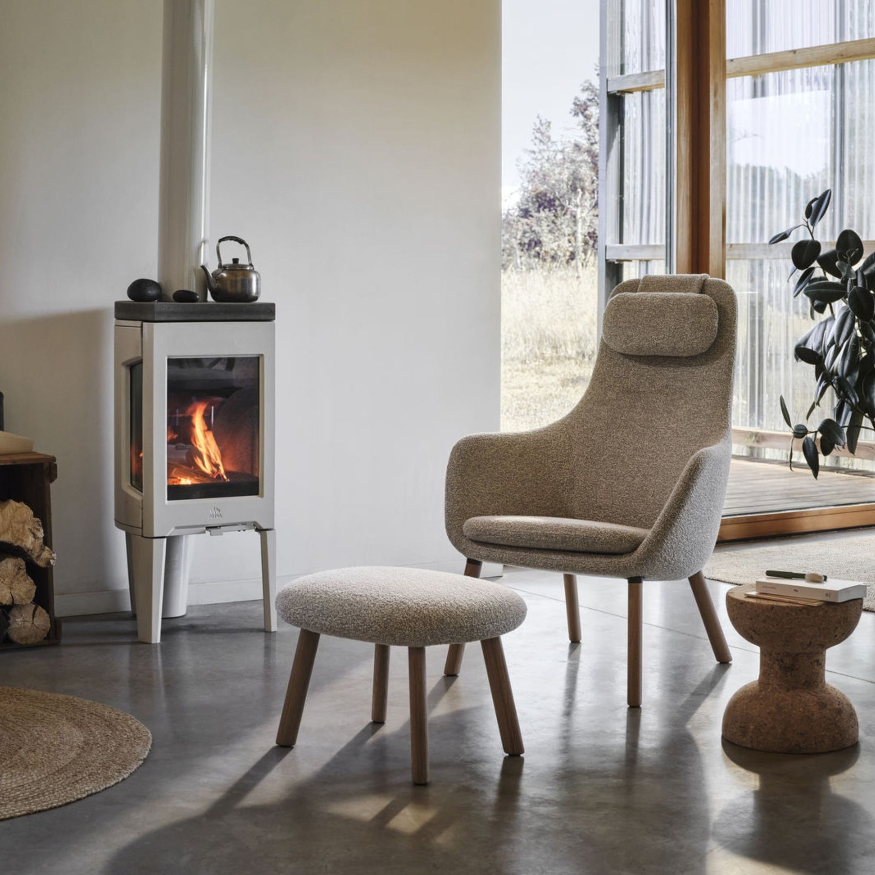Vitra Cork Stool Model E in Modern Living Room with HAL Lounge Chair and Ottoman by Jasper Morrison