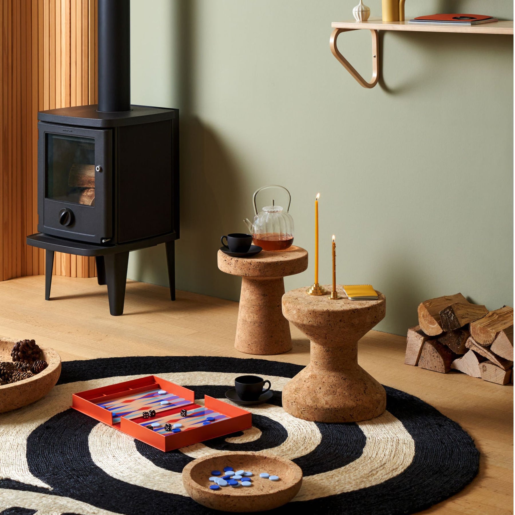 Vitra Cork Stools Model B and C in Cozy Living Room with Wood Stove