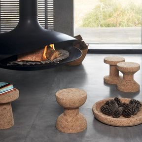 Vitra Cork Stools and Cork Bowl in Living Room with Wood Stove