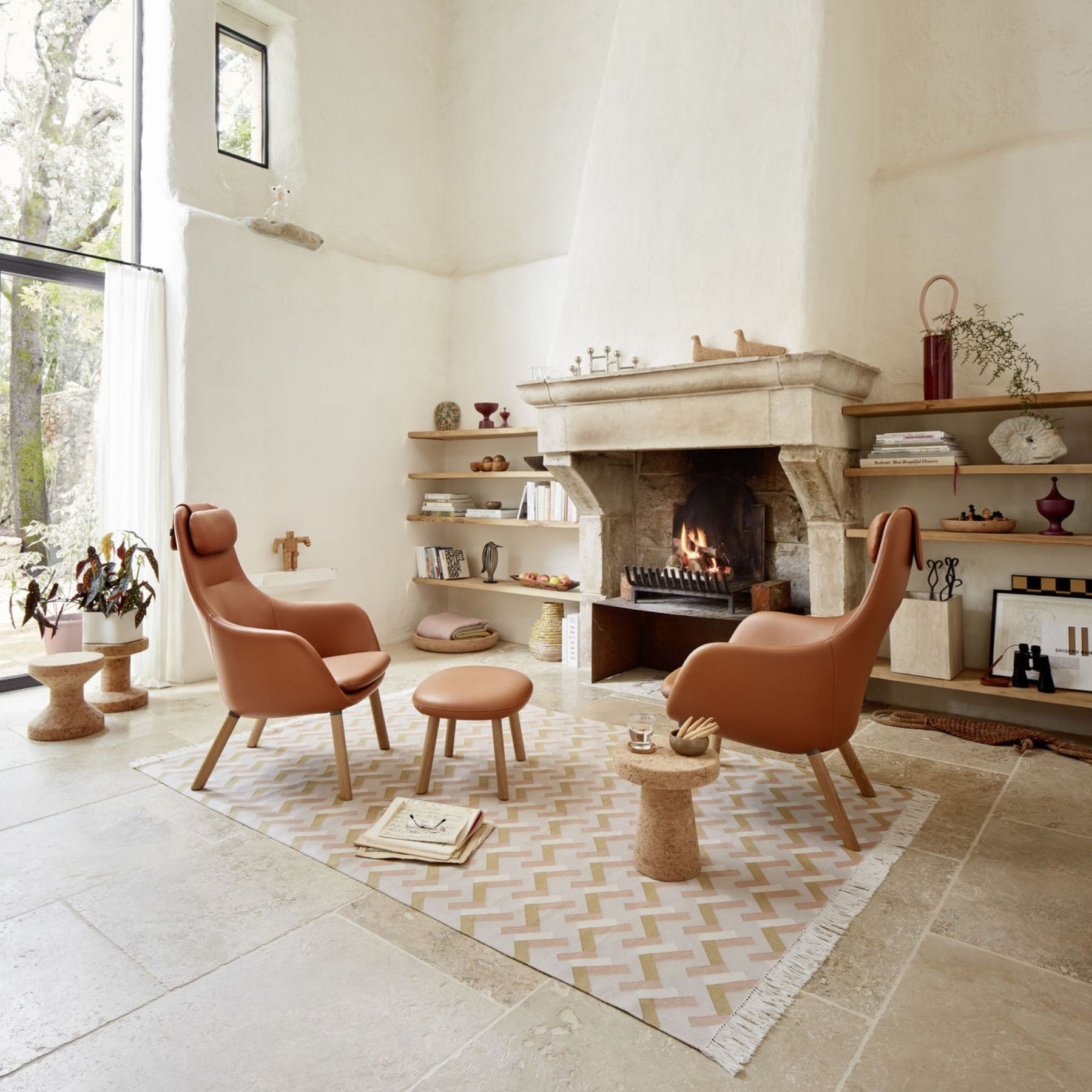 Vitra Cork Stools in Living Room with HAL Lounge Chairs Fireside