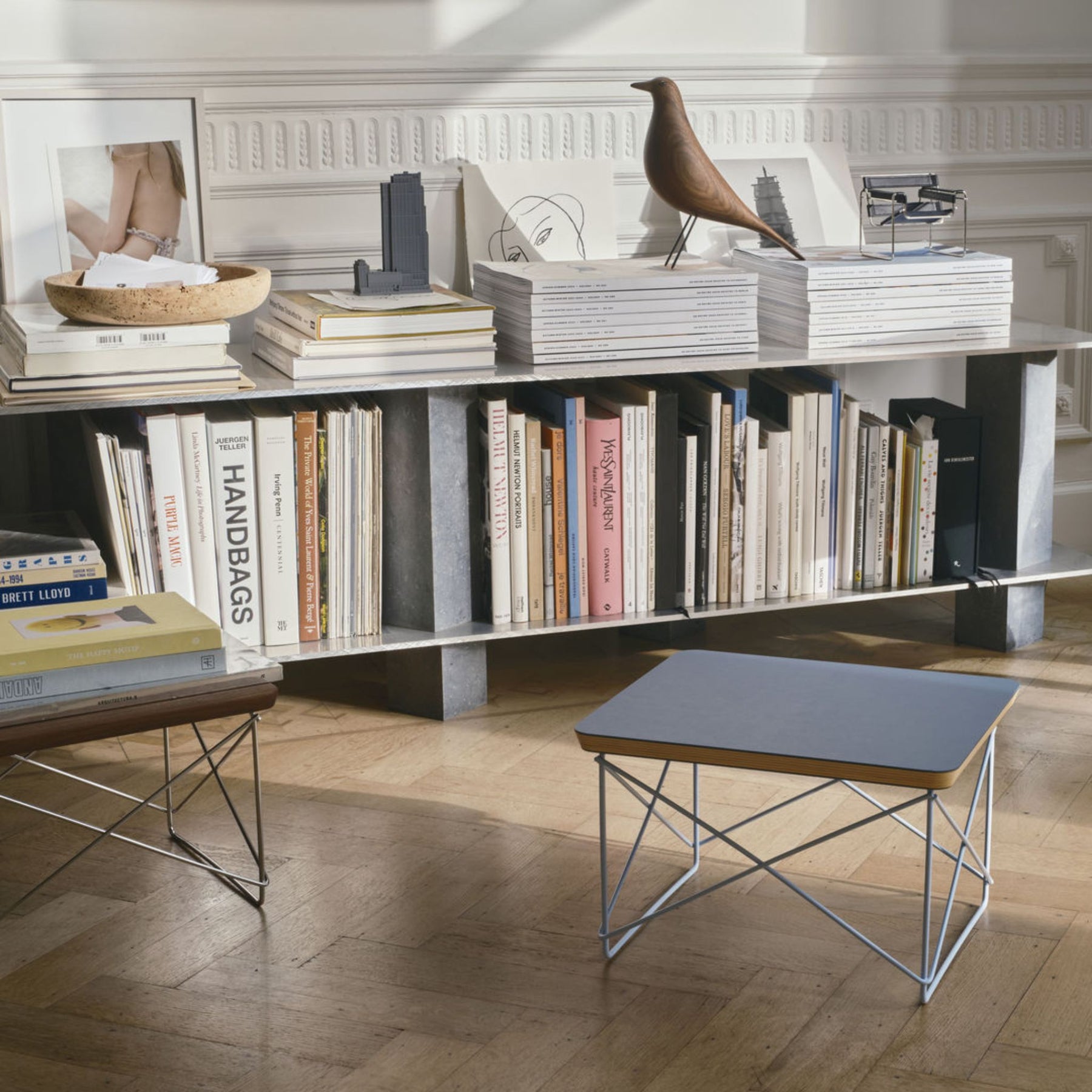 Vitra Eames House Bird Walnut on Bookshelf