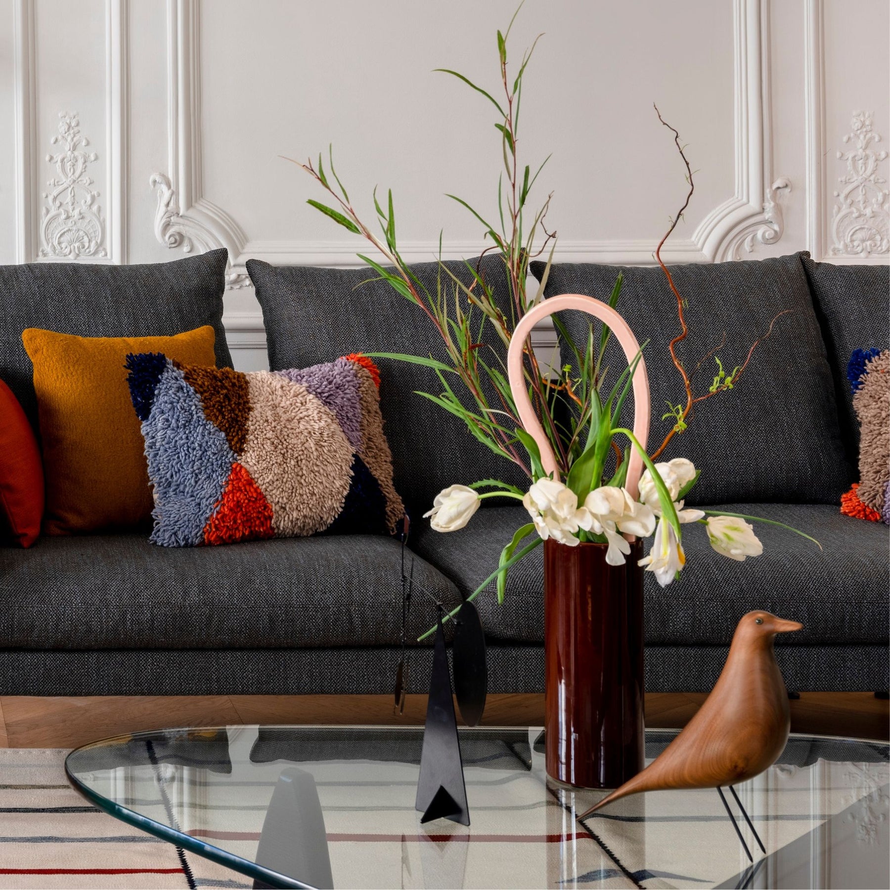 Vitra Eames House Bird Walnut in Parisian Living Room with Decoupage vase and Suita Sofa