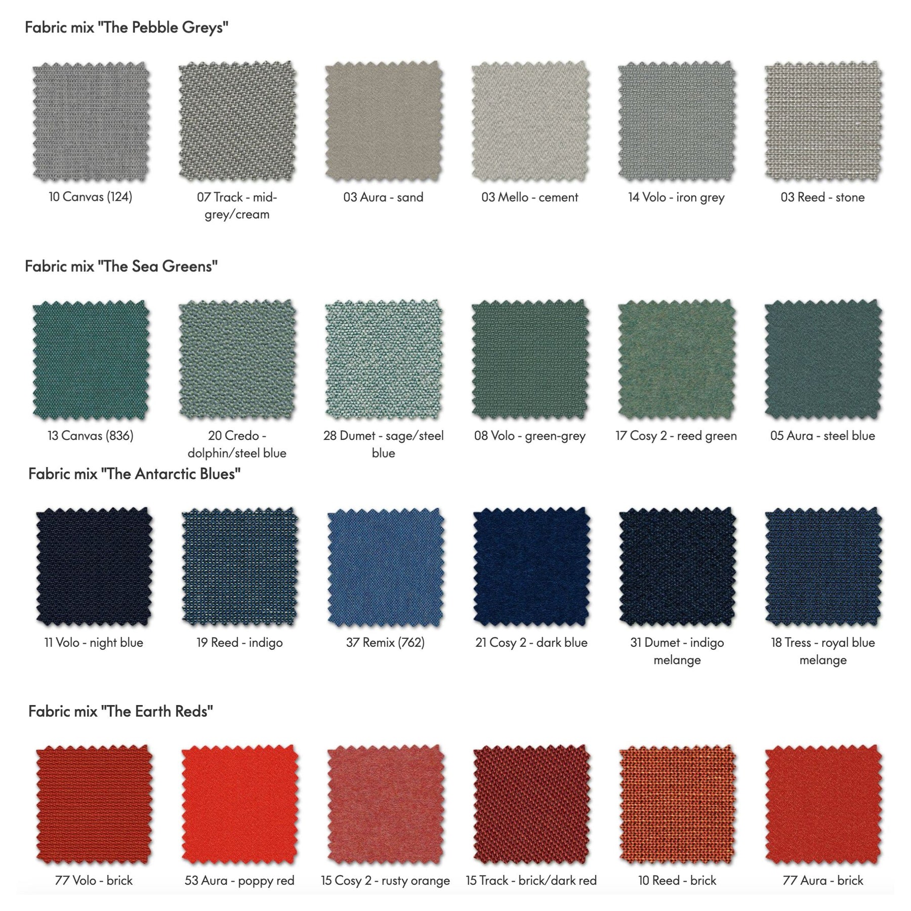 Vitra Polder Sofa Color Palettes Pebble Greys, Sea Greens, Antarctic Blues, Earth Reds