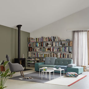 Vitra Polder Sofa Sea Greens in Living Room with Plate Tables and Hal Lounge Chair