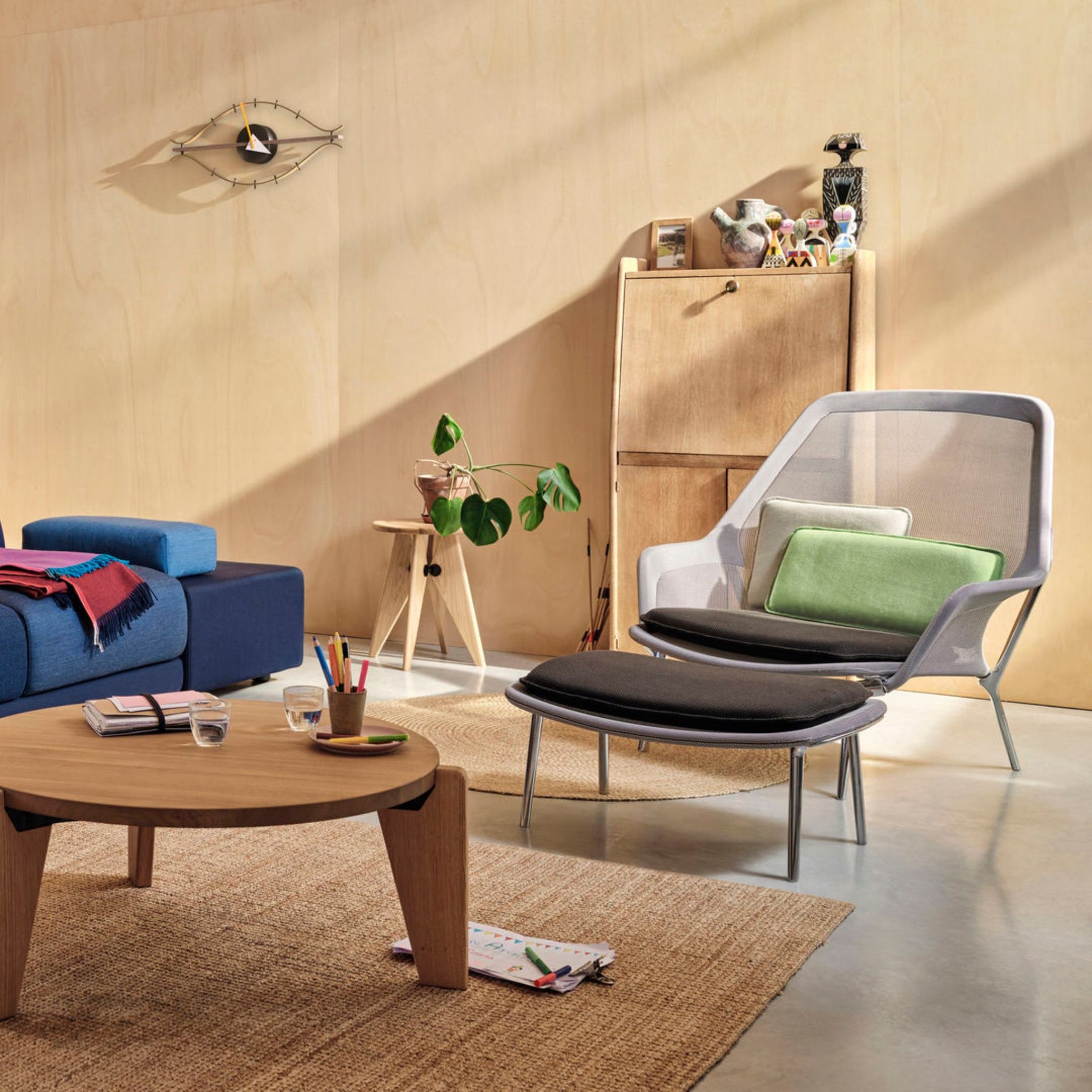 Vitra Slow Chair Cream Brown in Living Room with Gueridon Bas Coffee Table and Polder Sofa