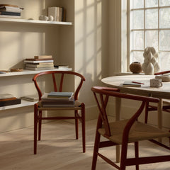 Carl Hansen Wegner Wishbone Chairs Ilse Crawford Soft Terracotta in Home Office with Shelves