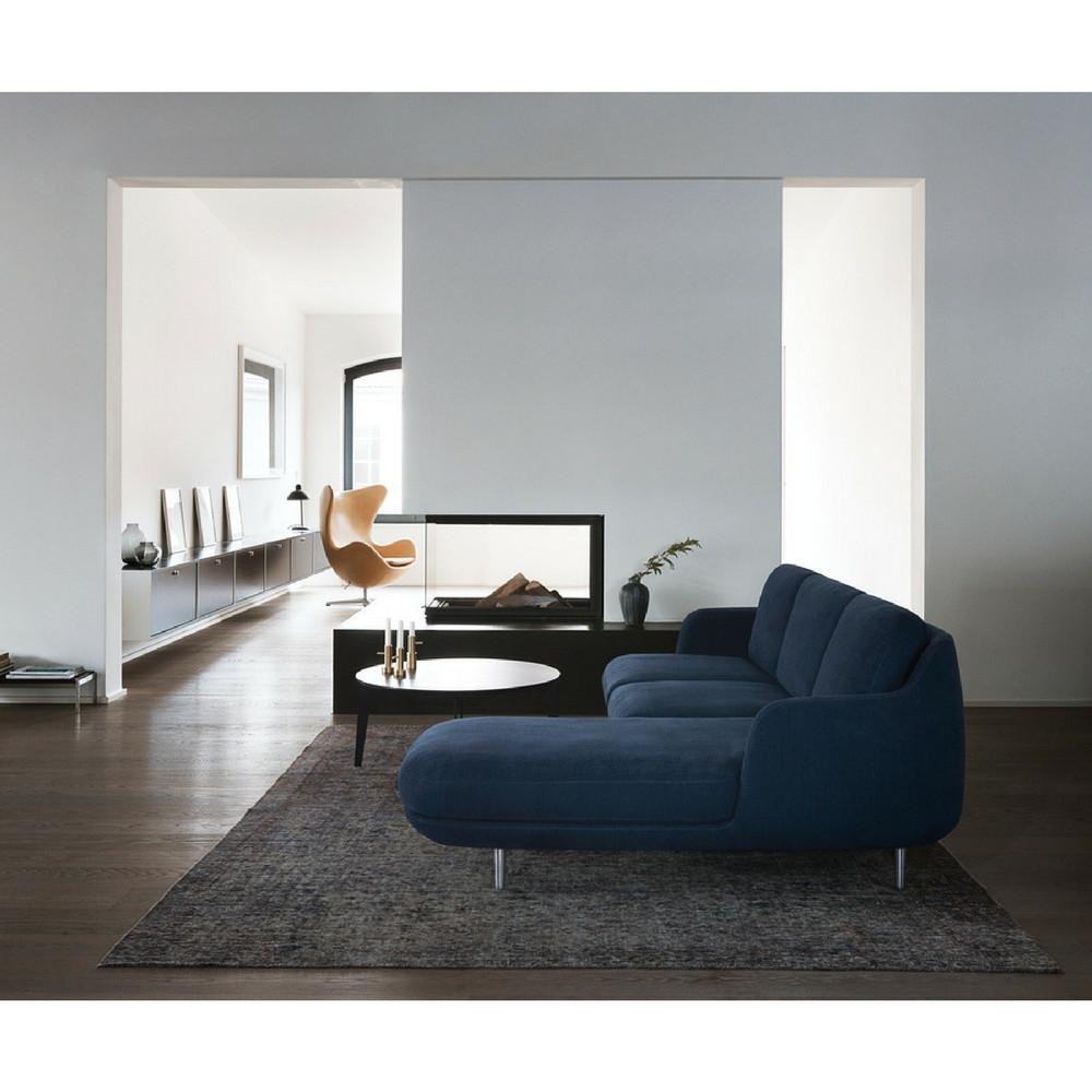 Fritz Hansen Lune Sofa with Chaise Lounge in Indigo by Jaime Hayon in Situ with Leather Egg Chair