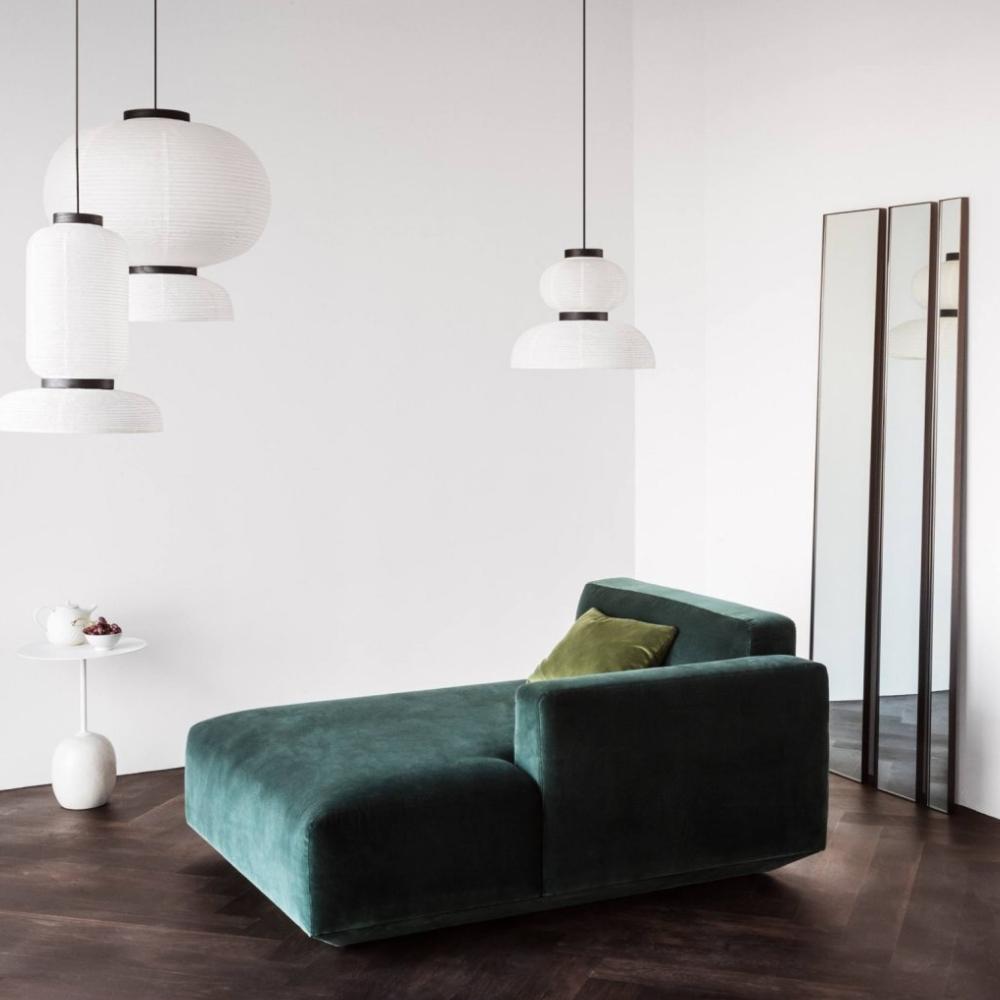 And Tradition Formakami Pendant Lights in room with Green Velvet Sofa