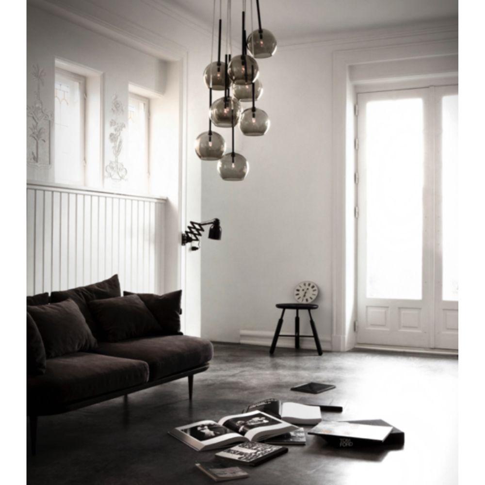And Tradition SR6 Ice Chandelier Black Lustre in room with Space Copenhagen Fly Sofa