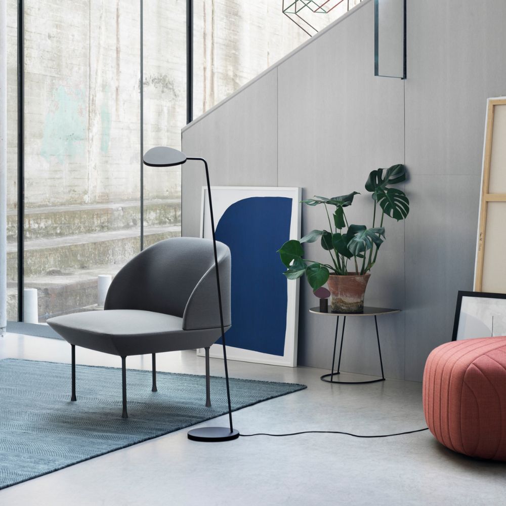 Anderssen & Voll Oslo Lounge Chair with Leaf Floor Lamp, Airy Sidetable, and Five Pouf by Muuto