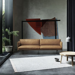 Anderssen & Voll Cognac Leather 3-Seat Outline Sofa with Ply Rug, Around Oak Coffee Table, and Grain Pendant Light by Muuto