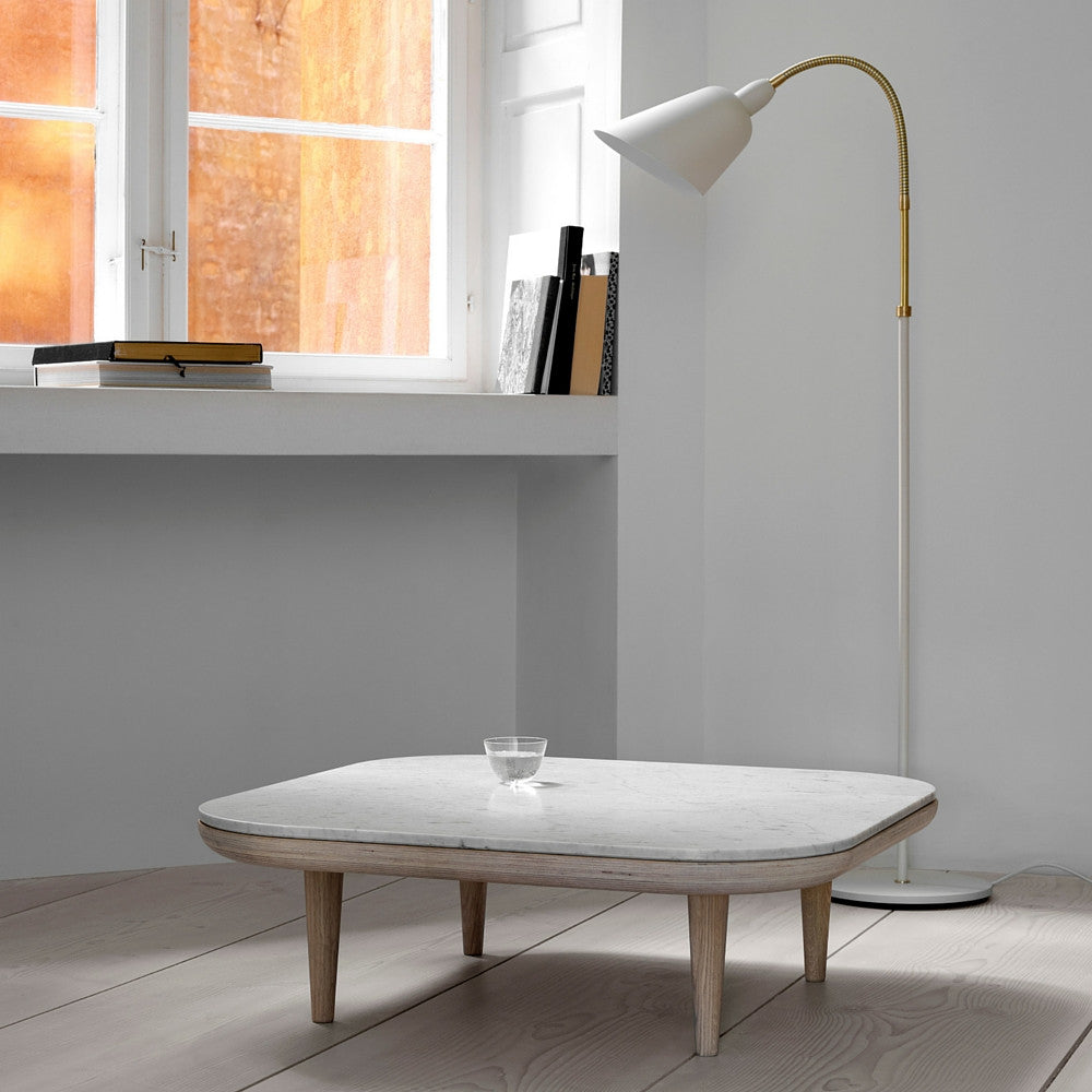 Arne Jacobsen Ivory Bellevue Floor Lamp in Room with Marble Table And Tradition