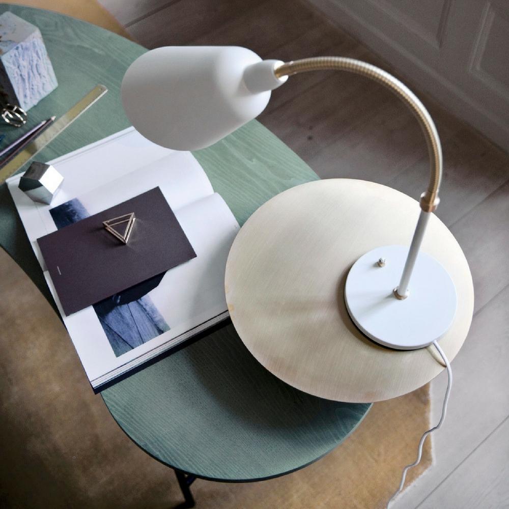 Arne Jacobsen Bellevue Table Lamp in Ivory White and Brass on Palette Desk by Jaime Hayon for AndTradition Copenhagen