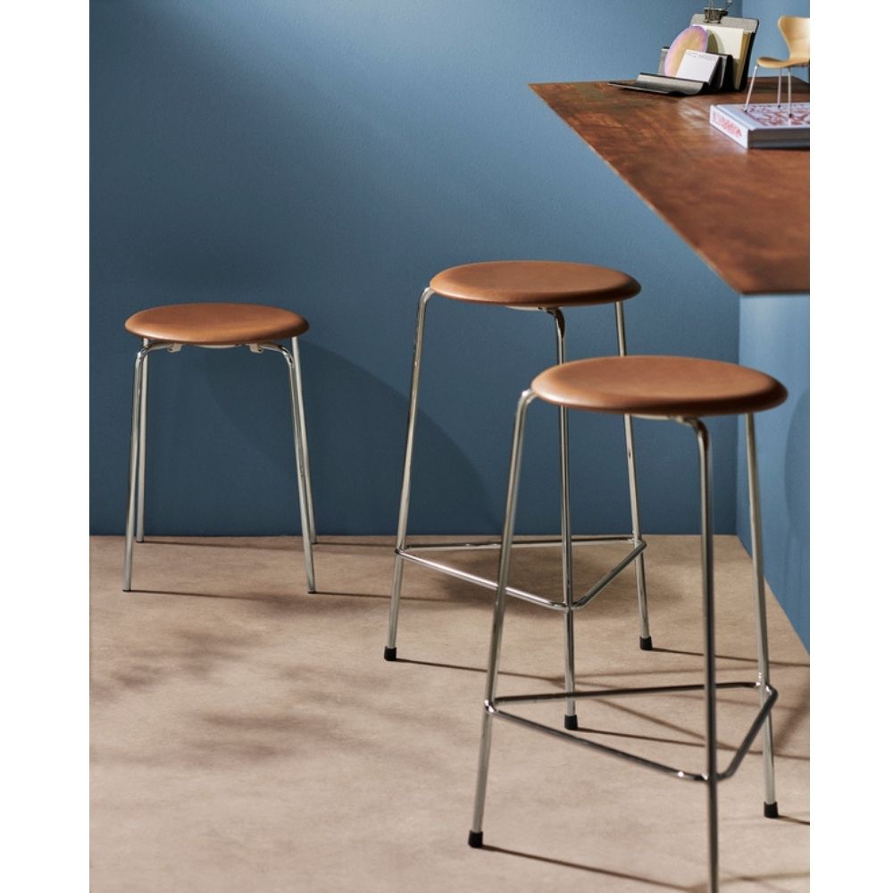 Arne Jacobsen High Dot Stools in Walnut Leather with Polished Chrome Base
