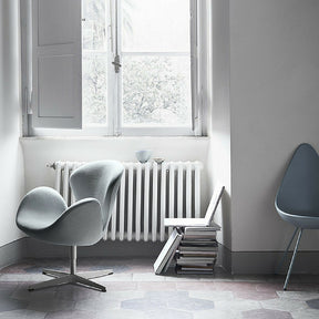 Arne Jacobsen Silver Blue Drop Chair in Room with Swan Chair Fritz Hansen