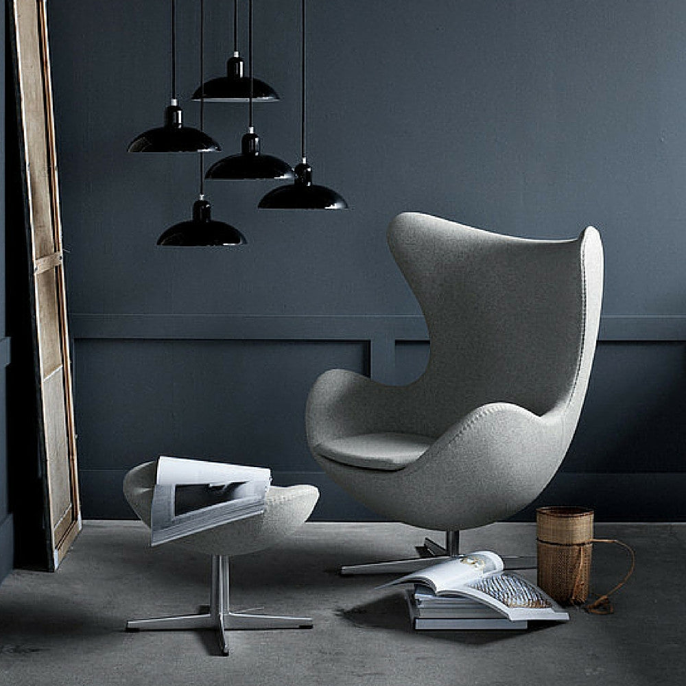 Arne Jacobsen Egg Chair and Footstool in Room with Kaiser Idell Pendant Lights Fritz Hansen