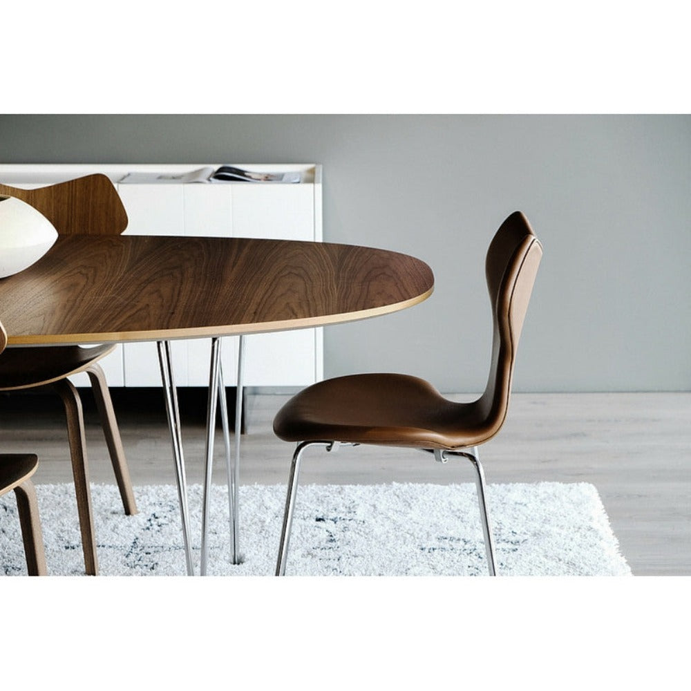 Arne Jacobsen Grand Prix Chair Walnut Leather with Piet Hein Super Elliptical Table with Walnut Veneer Singapore Showroom Fritz Hansen