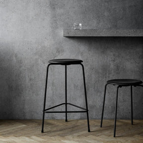 Fritz Hansen Arne Jacobsen Dot Stools Black Leather with Black Powdercoated Base