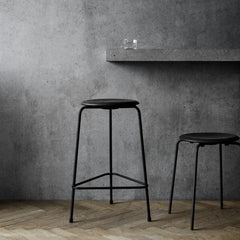Fritz Hansen Arne Jacobsen Dot Stools Black Leather with Black Powdercoated Base
