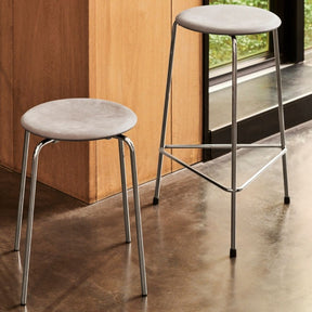 Fritz Hansen Arne Jacobsen Dot Stools in Lava Grey Nubuck Leather with Polished Chrome