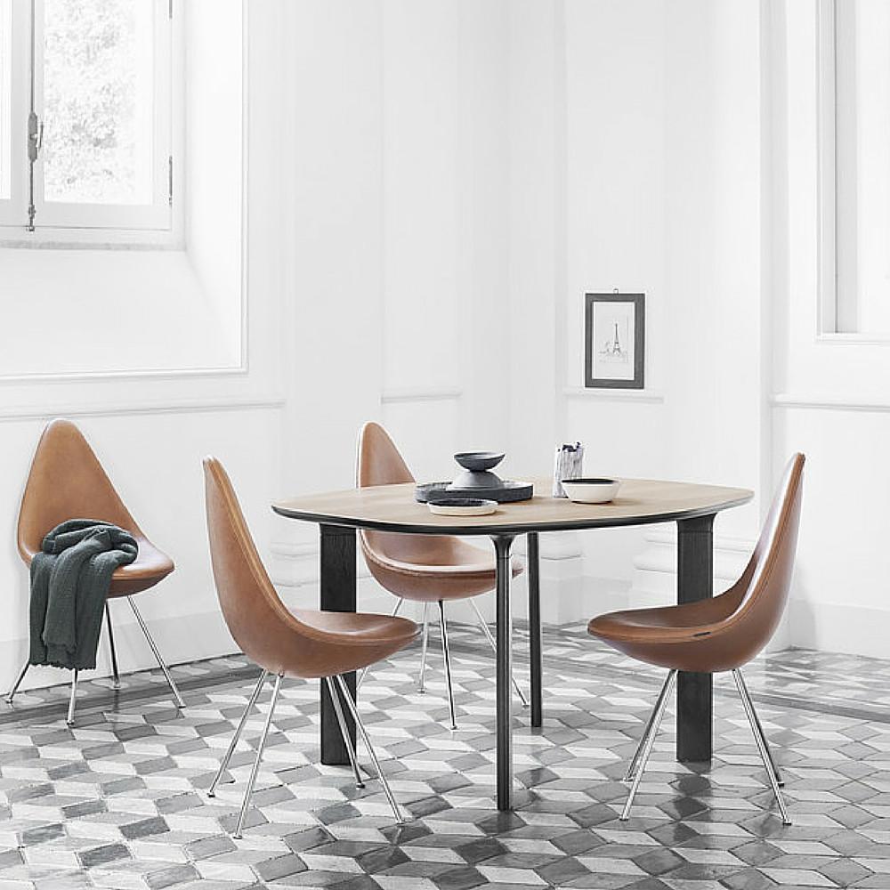 Arne Jacobsen Drop Chairs Elegance Walnut Leather in Room with Petite Analog Table Jaime Hayon Fritz Hansen