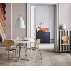 Arne Jacobsen Marble Table in room with Ant Chairs Fritz Hansen