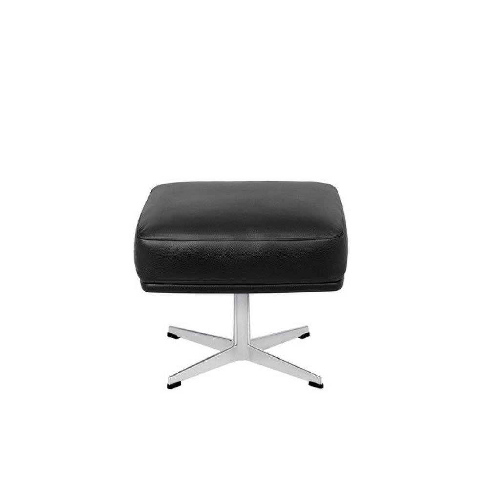 Fritz Hansen Arne Jacobsen Oksen Footstool in Classic Black Leather with Satin Polished Aluminum Base