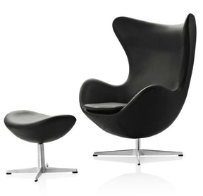 Arne Jacobsen Black Leather Egg Chair and Foot Stool Fritz Hansen