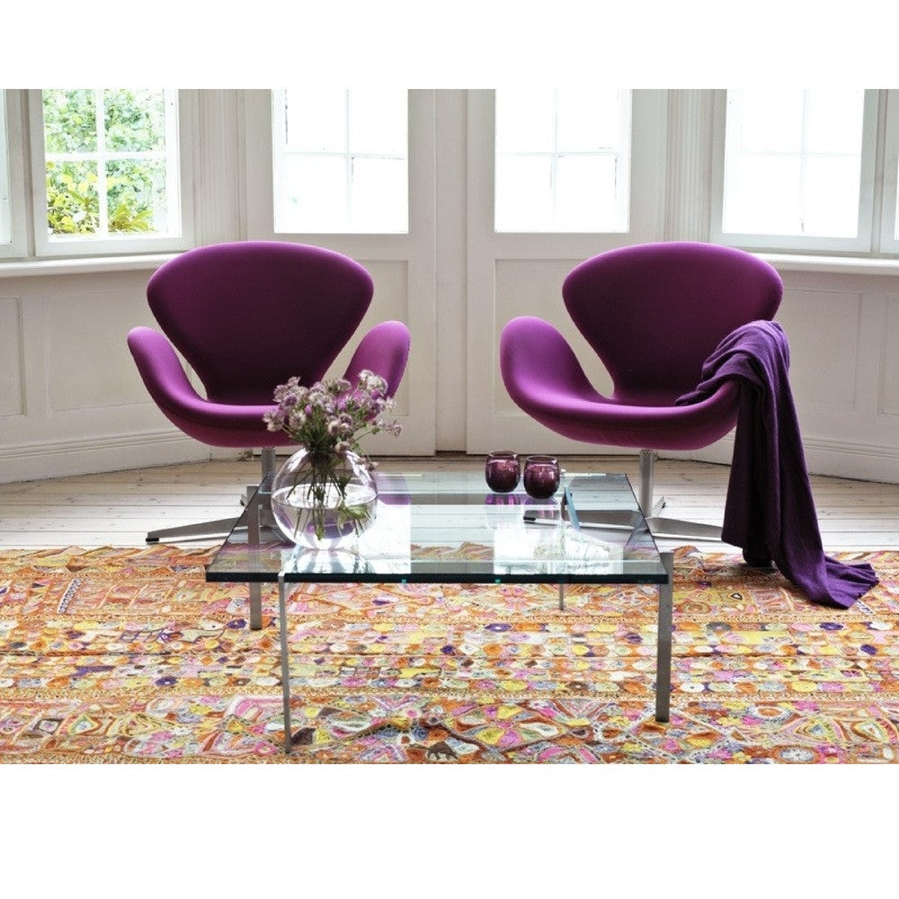 Arne Jacobsen Swan Chairs Purple in Room with Poul Kjaerholm Coffee Table Fritz Hansen
