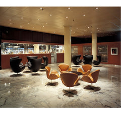 Arne Jacobsen Swan Chairs Walnut Leather in Royal Copenhagen Hotel Lounge Fritz Hansen